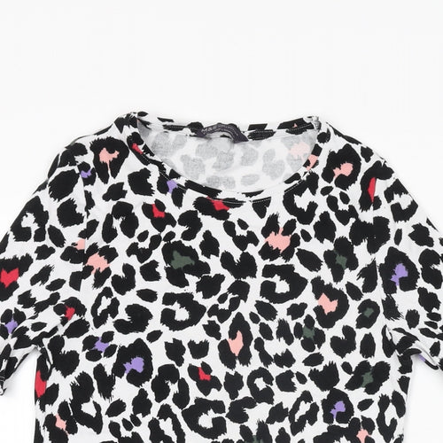 Marks and Spencer Womens White Animal Print Cotton Basic T-Shirt Size 8 Round Neck
