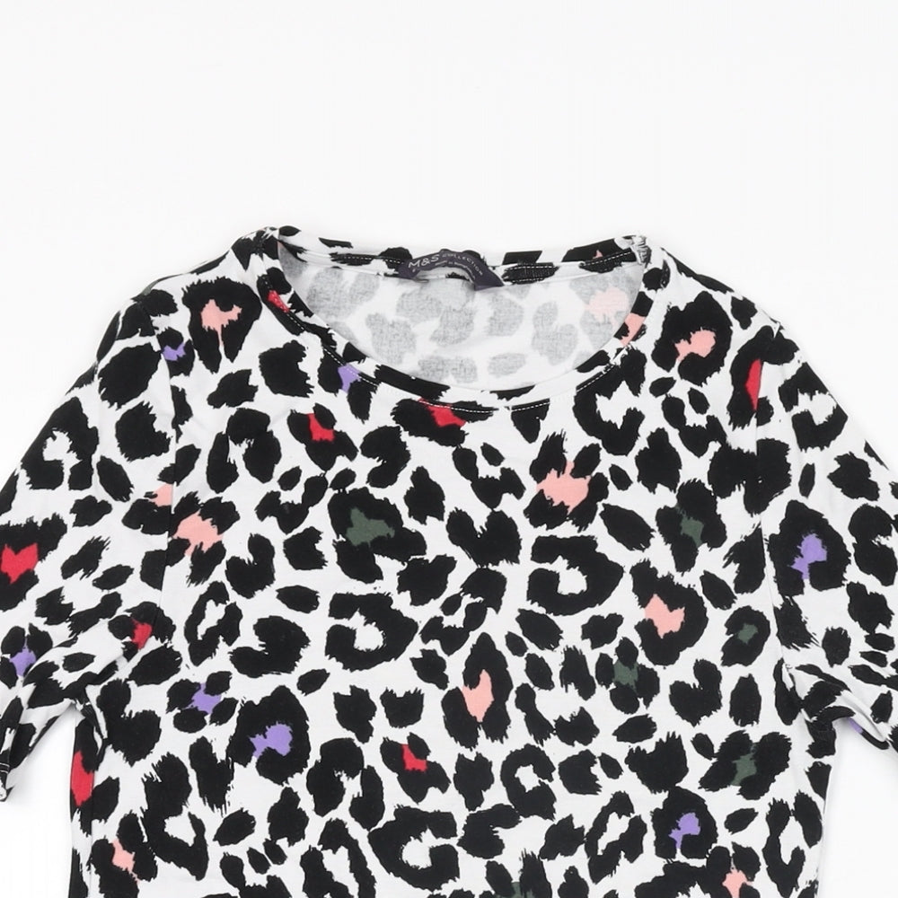 Marks and Spencer Womens White Animal Print Cotton Basic T-Shirt Size 8 Round Neck