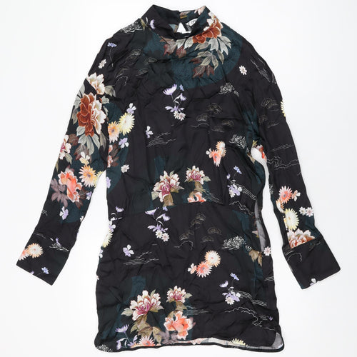 Zara Womens Black Floral Viscose Mini Size M High Neck Button