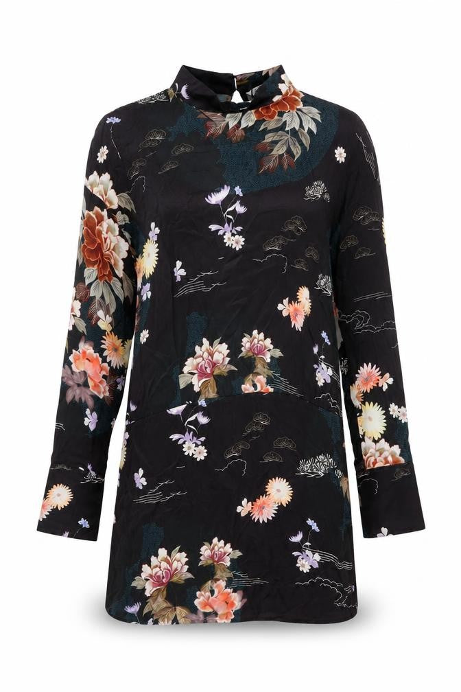 Front view of Zara women’s black floral viscose mini, size M, high neck button