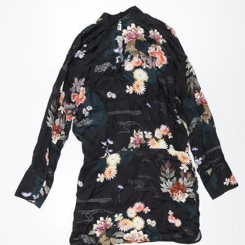 Zara Womens Black Floral Viscose Mini Size M High Neck Button