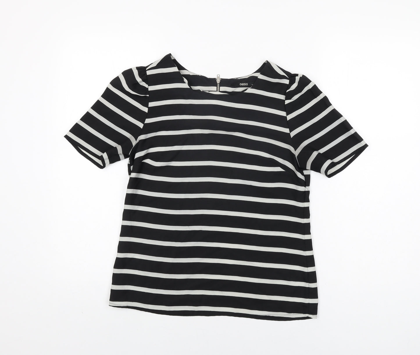 Oasis Womens Black Striped Polyester Basic T-Shirt Size 8 Round Neck