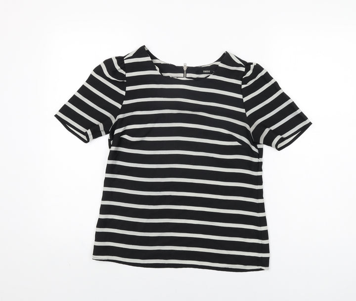 Oasis Womens Black Striped Polyester Basic T-Shirt Size 8 Round Neck
