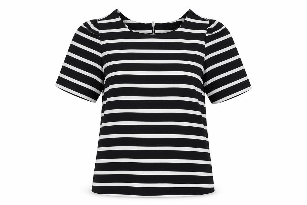 Front view of Oasis women’s black striped polyester basic t-shirt, size UK 8, round neck