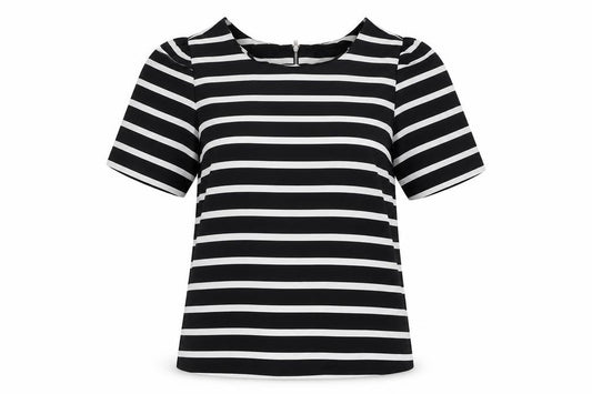 Front view of Oasis women’s black striped polyester basic t-shirt, size UK 8, round neck