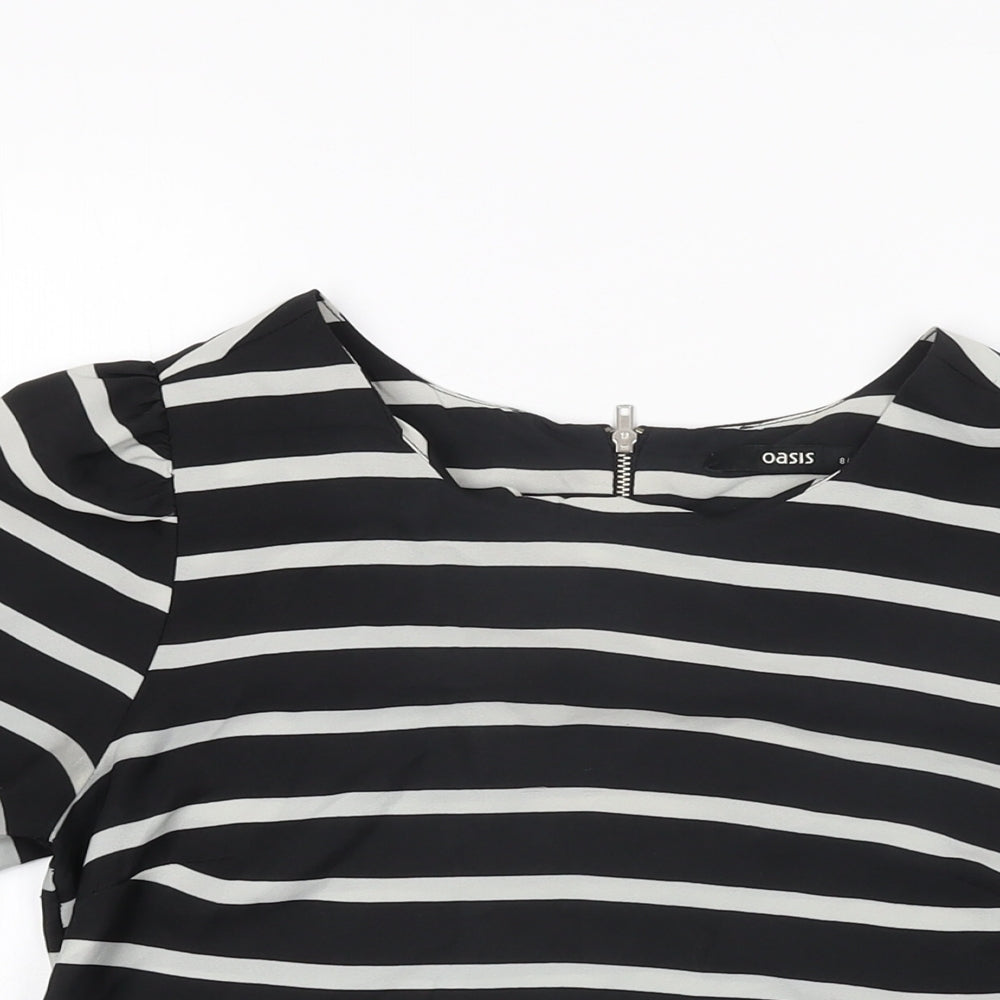 Oasis Womens Black Striped Polyester Basic T-Shirt Size 8 Round Neck