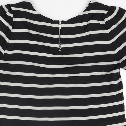 Oasis Womens Black Striped Polyester Basic T-Shirt Size 8 Round Neck
