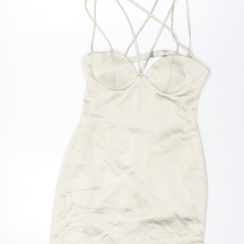 Zara Womens Beige Polyester Mini Size S V-Neck Zip