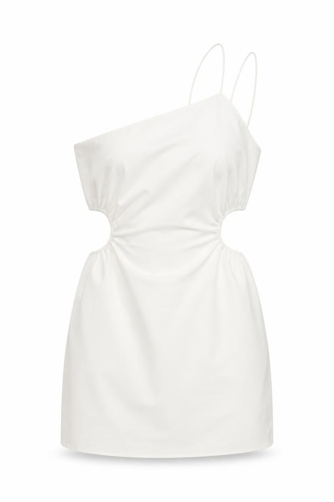 Front view of Zara women’s white polyester mini, size XS, one shoulder zip