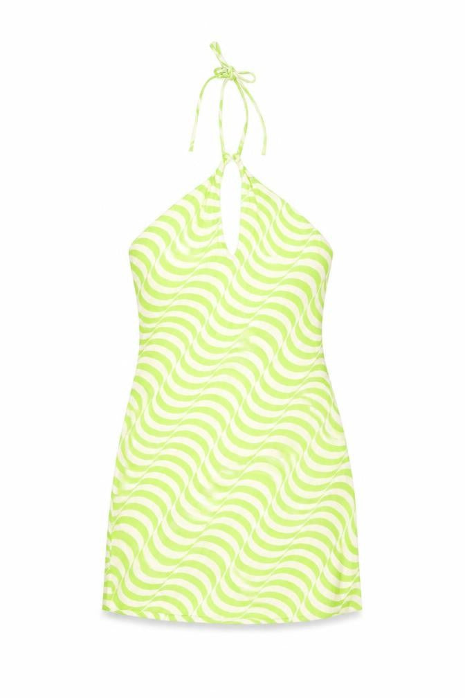 Front view of Zara women’s green geometric viscose mini, size S, halter zip