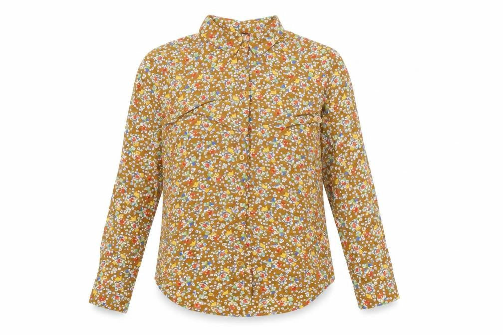 Front view of Topshop women’s brown floral viscose basic button-up, size UK 8, collared