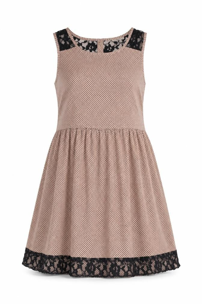 Front view of Anmol women’s pink polka dot polyester a-line, size UK 10, round neck button