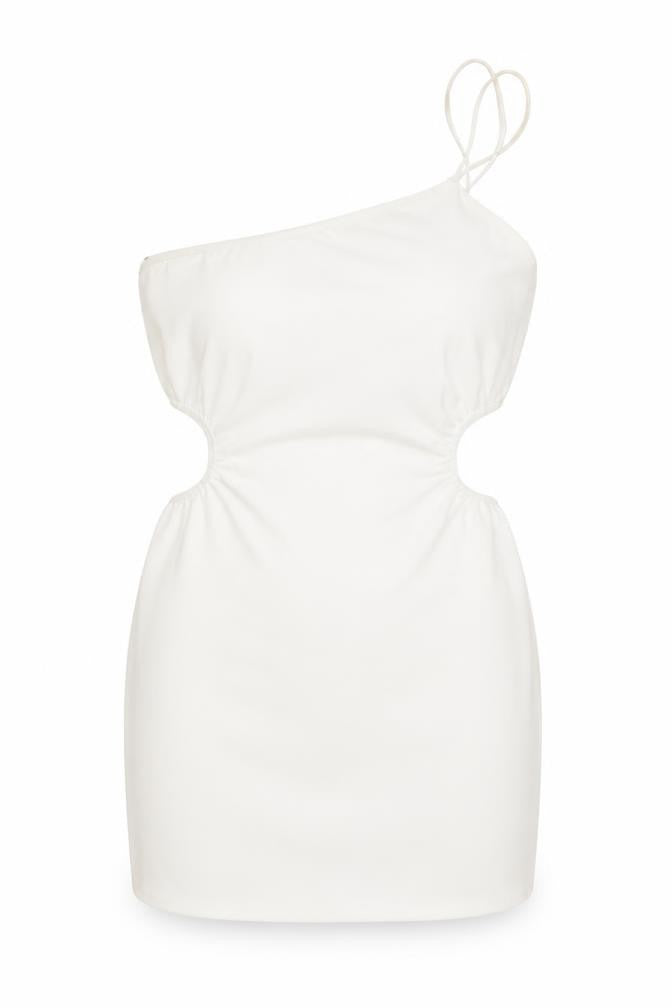 Front view of Zara women’s white polyester mini, size S, one shoulder zip