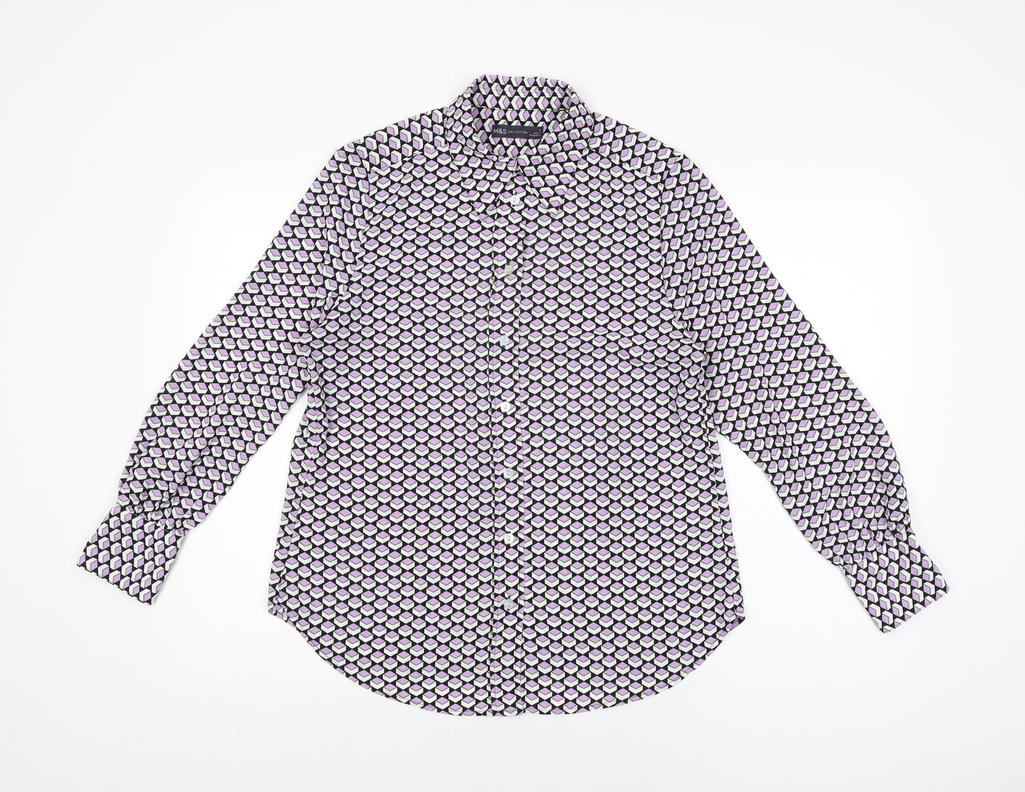 Marks and Spencer Womens Purple Geometric Polyester Basic Button-Up Size 10 Collared