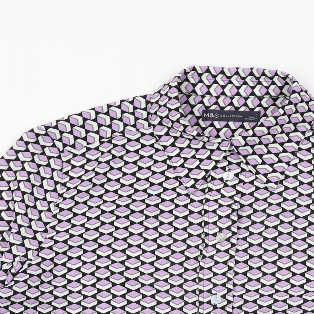 Marks and Spencer Womens Purple Geometric Polyester Basic Button-Up Size 10 Collared