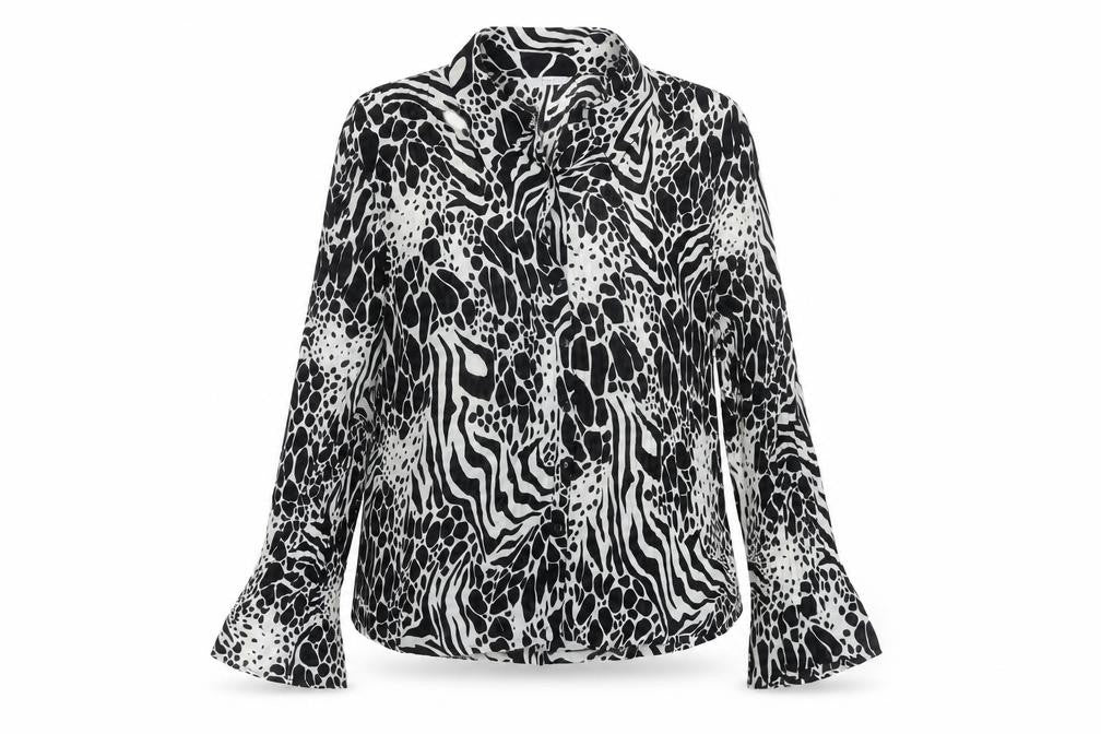 Front view of Marks & Spencer women’s black geometric polyester basic button-up, size UK 14, collared