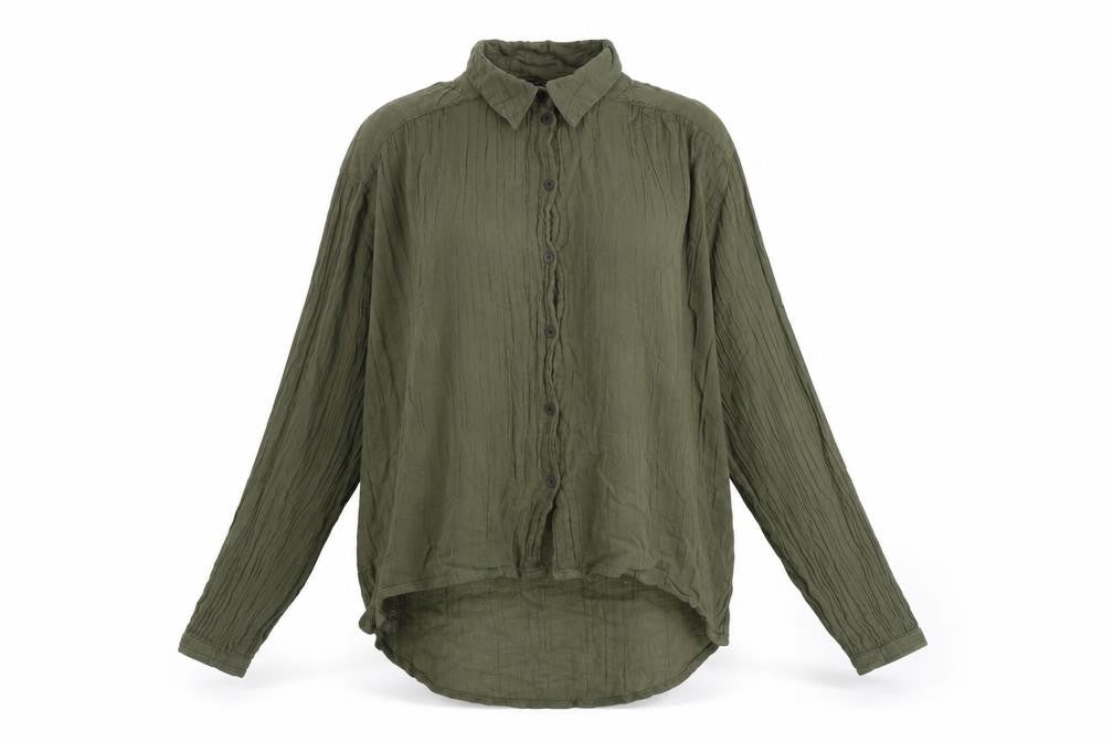 Front view of Urban Outfitters women’s green cotton basic button-up, size S, collared