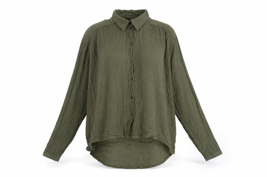 Front view of Urban Outfitters women’s green cotton basic button-up, size S, collared