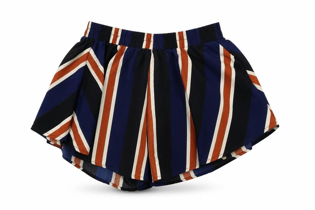 Front view of PRETTYLITTLETHING women’s black striped polyester skort skirt, size UK 6