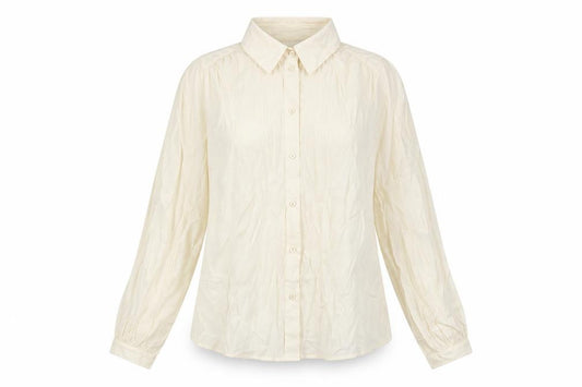 Front view of Vero Moda women’s ivory viscose basic button-up, size S, collared