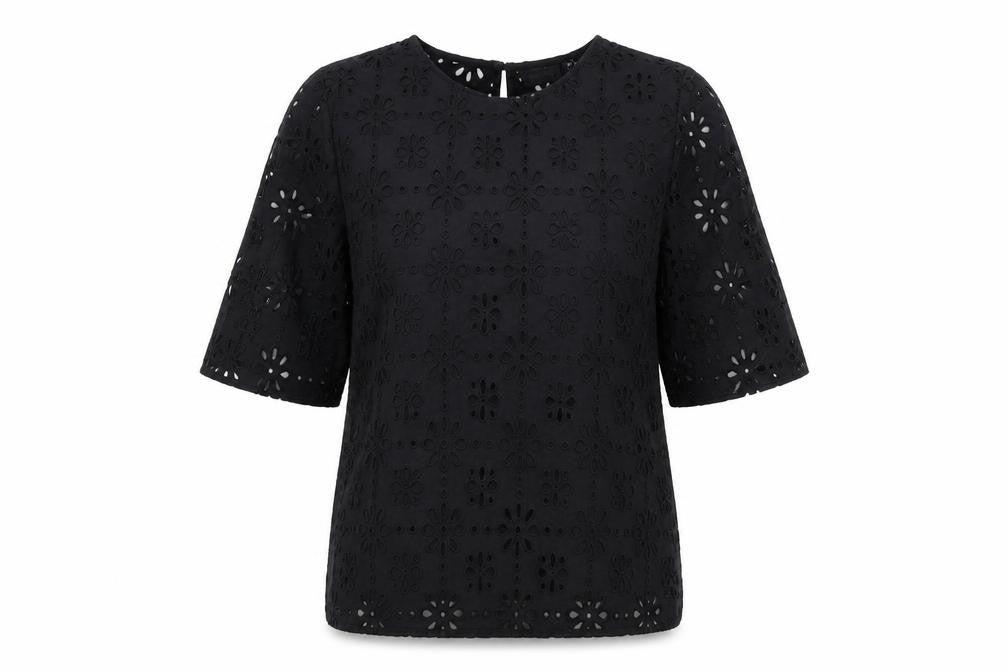 Front view of Next women’s black floral cotton basic t-shirt, size UK 8, round neck