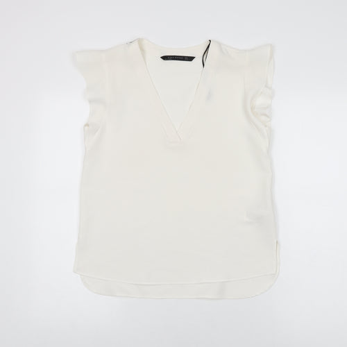 Zara Womens White Polyester Basic T-Shirt Size S V-Neck