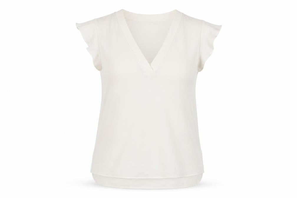 Front view of Zara women’s white polyester basic t-shirt, size S, v-neck
