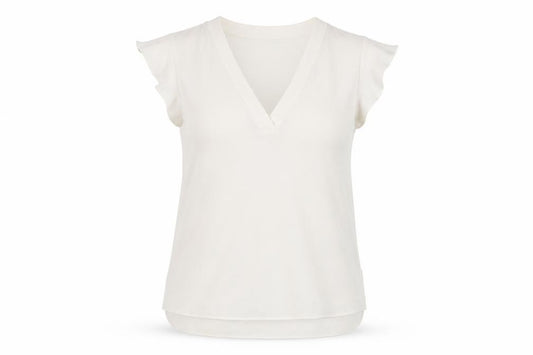 Front view of Zara women’s white polyester basic t-shirt, size S, v-neck