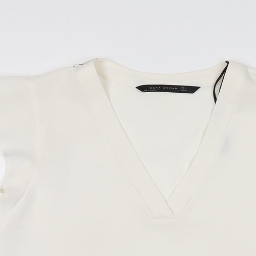 Zara Womens White Polyester Basic T-Shirt Size S V-Neck