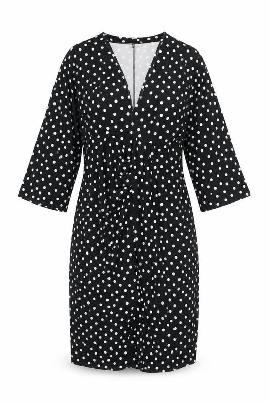 Front view of ASOS women’s black polka dot polyester shift, size UK 12, v-neck pullover