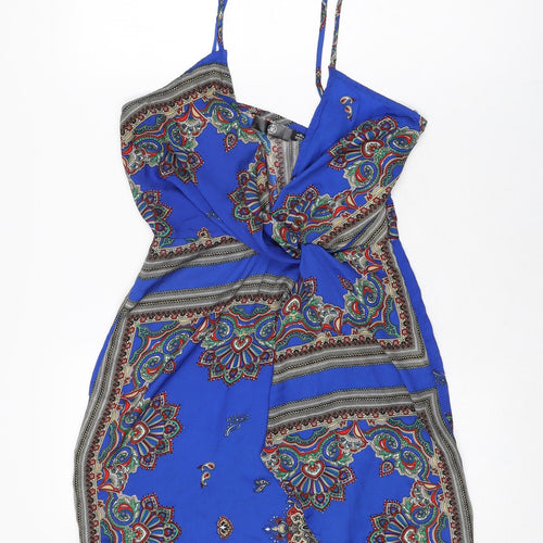 Missguided Womens Blue Geometric Polyester Mini Size 8 V-Neck Zip