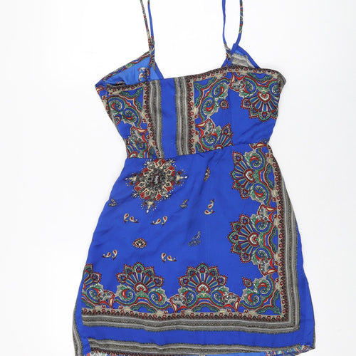 Missguided Womens Blue Geometric Polyester Mini Size 8 V-Neck Zip