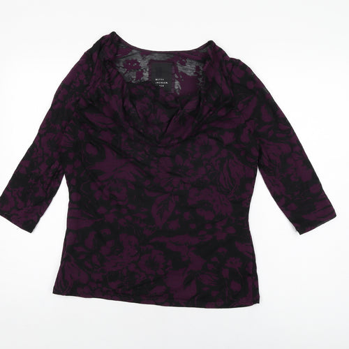 Betty Jackson Black Womens Black Floral Polyester Basic T-Shirt Size 16 Cowl Neck