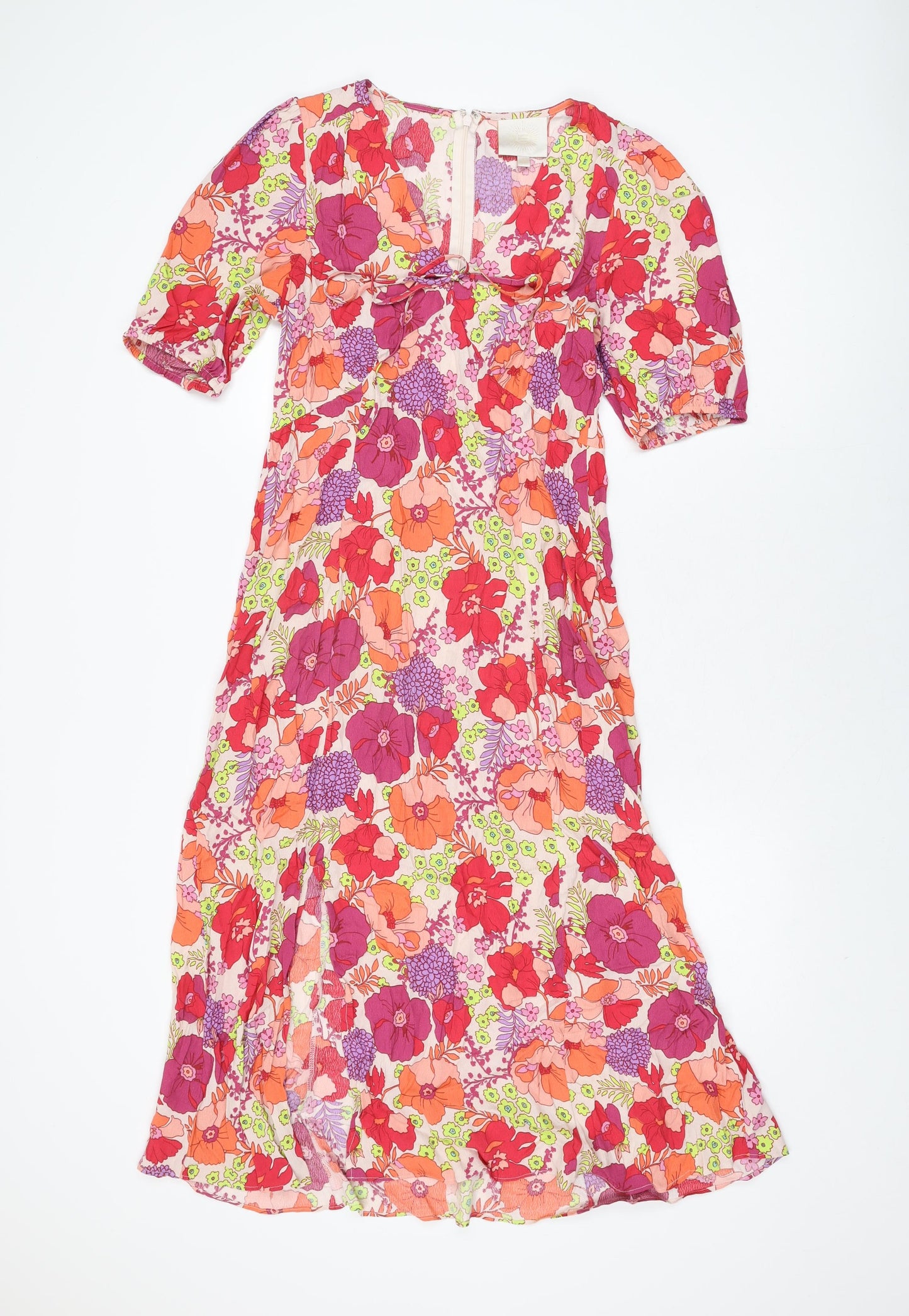 Feather & bone Womens Pink Floral Viscose A-Line Size 10 V-Neck Zip