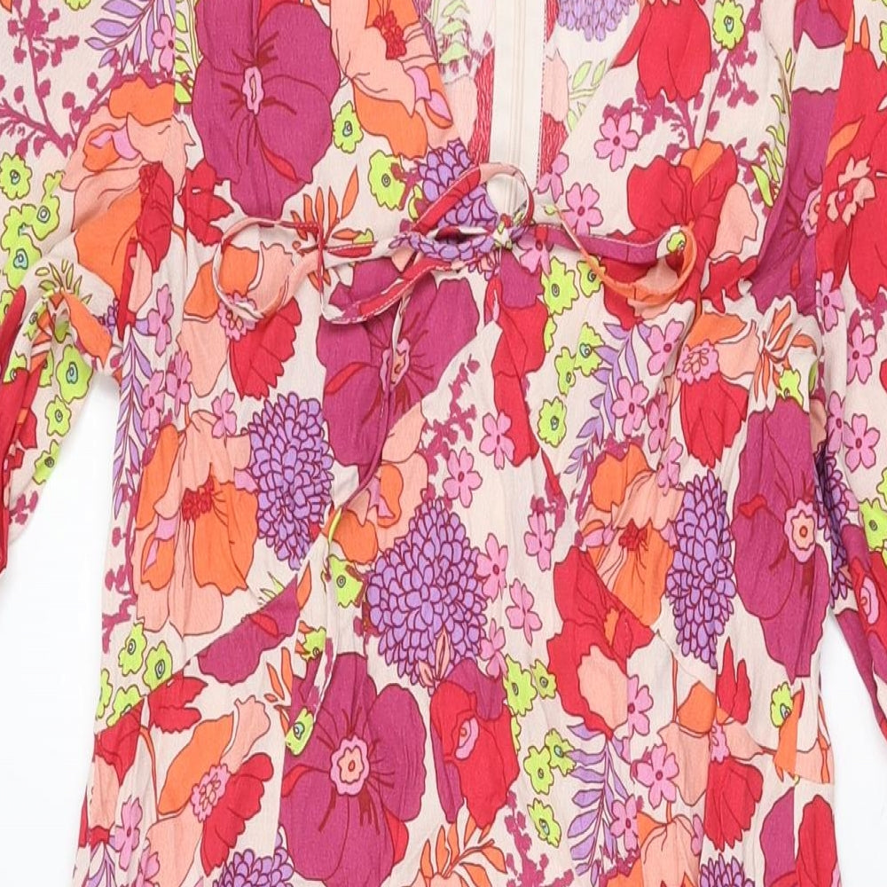 Feather & bone Womens Pink Floral Viscose A-Line Size 10 V-Neck Zip