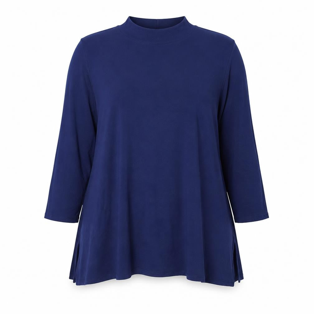 Front view of H by Halston women’s blue modal basic t-shirt, size M, high neck