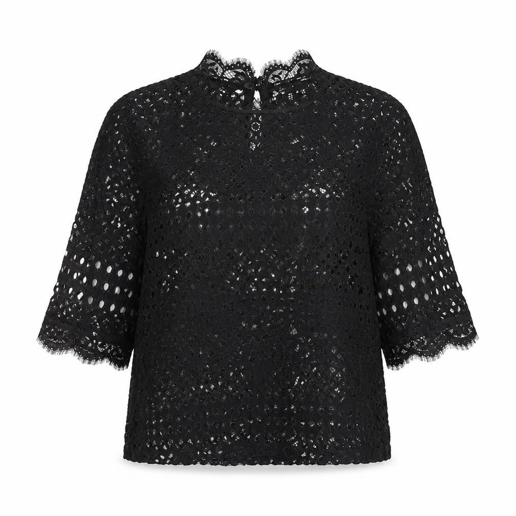 Front view of Zara women’s black geometric polyester basic t-shirt, size M, high neck
