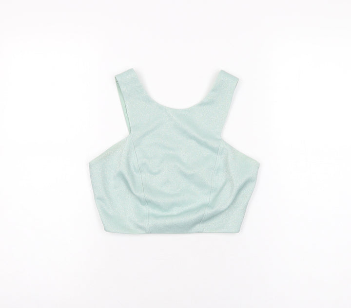 Topshop Womens Blue Viscose Cropped T-Shirt Size 10 Round Neck