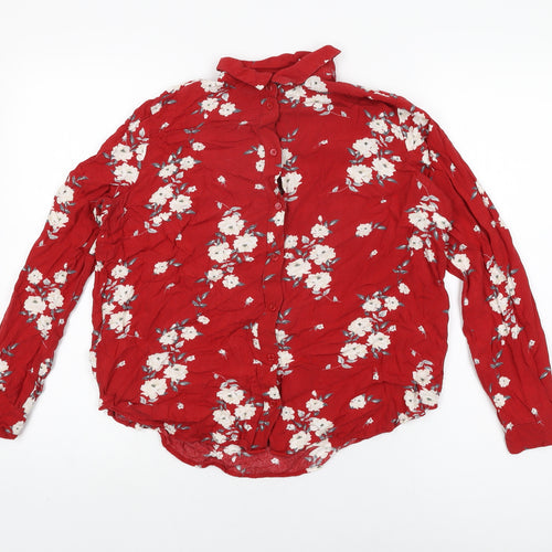 H&M Womens Red Floral Viscose Basic Button-Up Size 12 Collared