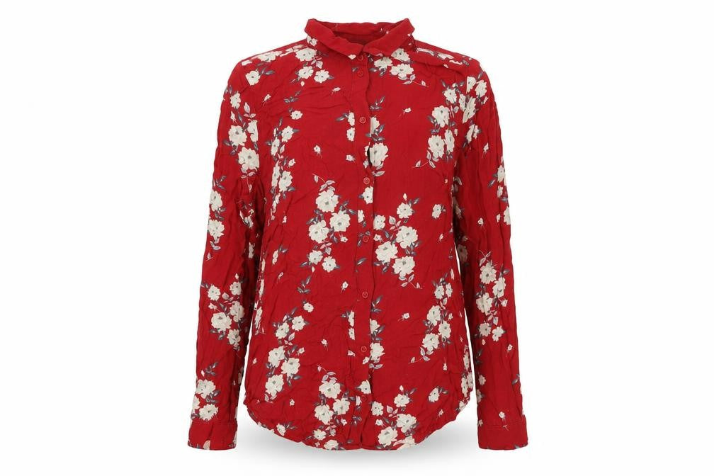 Front view of H&M women’s red floral viscose basic button-up, size UK 12, collared