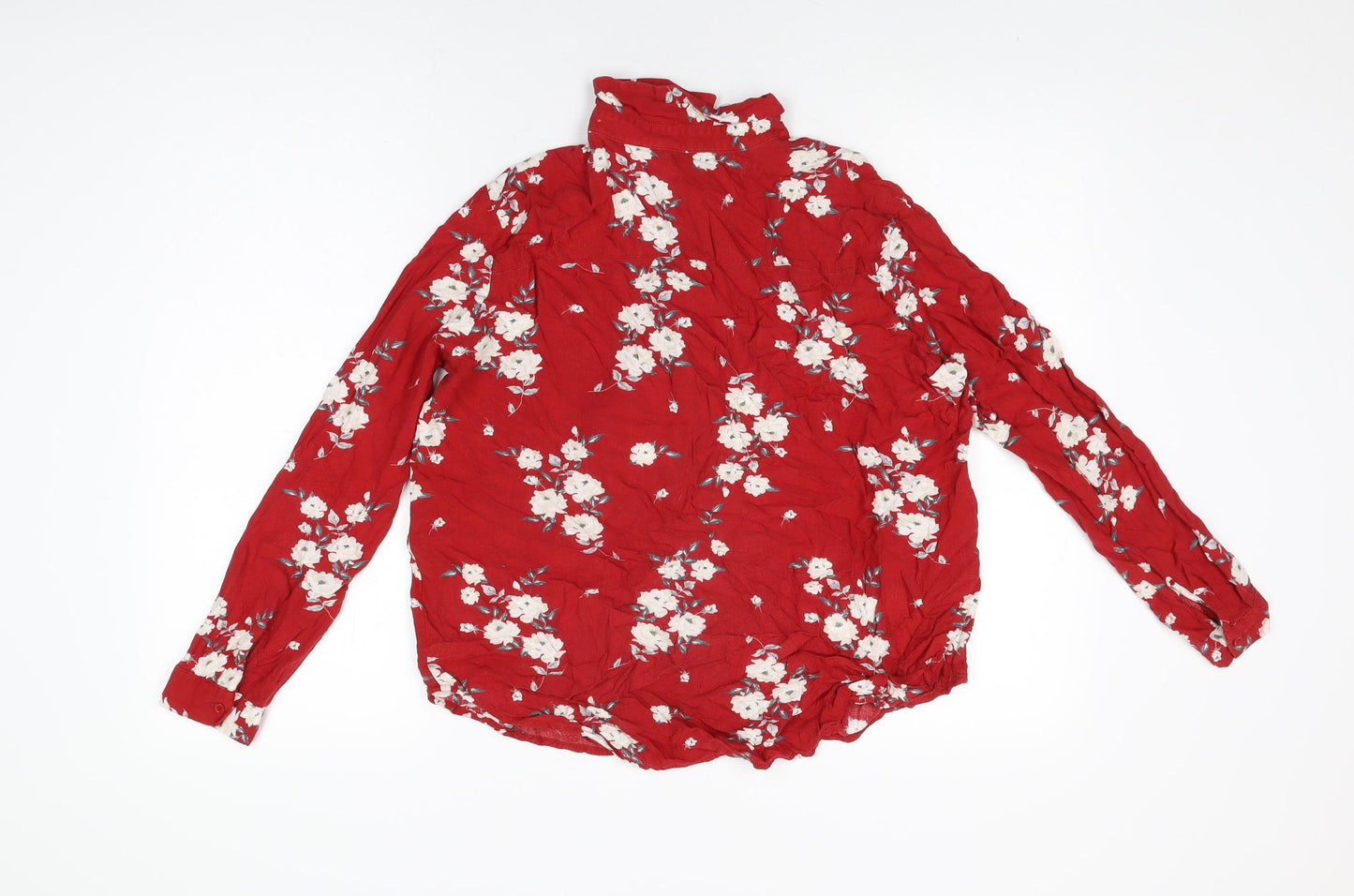 H&M Womens Red Floral Viscose Basic Button-Up Size 12 Collared