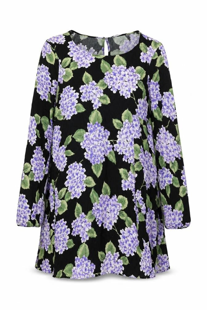 Front view of MINKPINK women’s black floral viscose shift, size M, round neck button