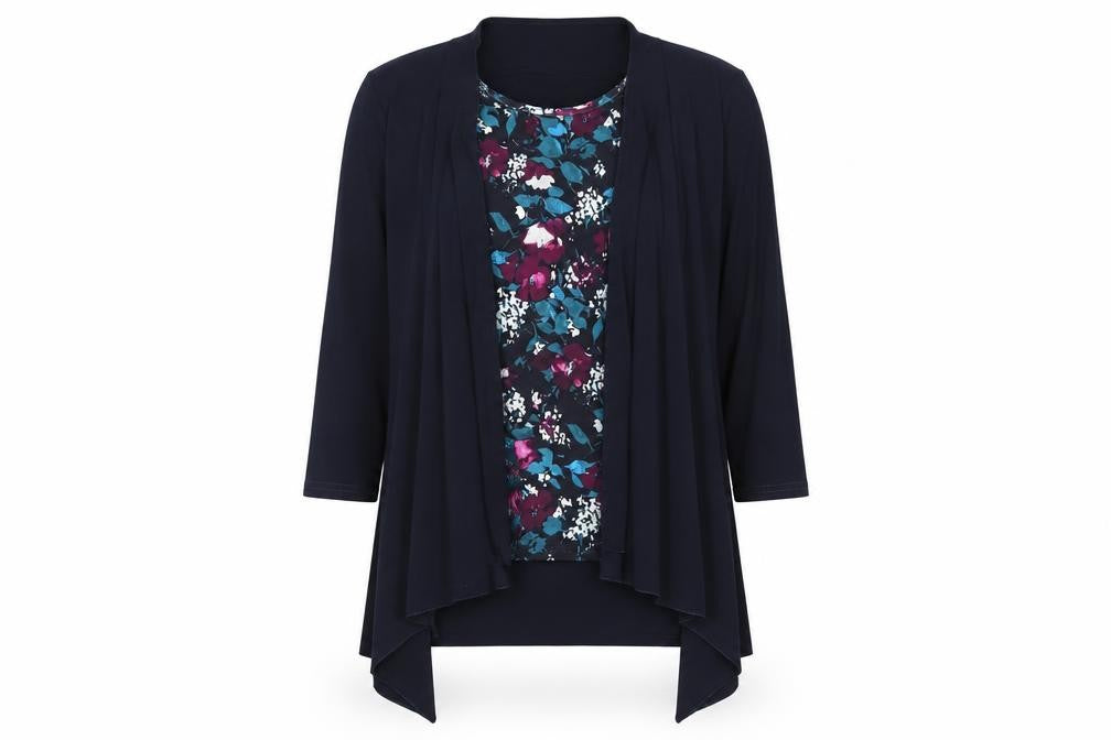 Front view of Kate Lilly women’s blue floral polyester basic t-shirt, size UK 10, round neck