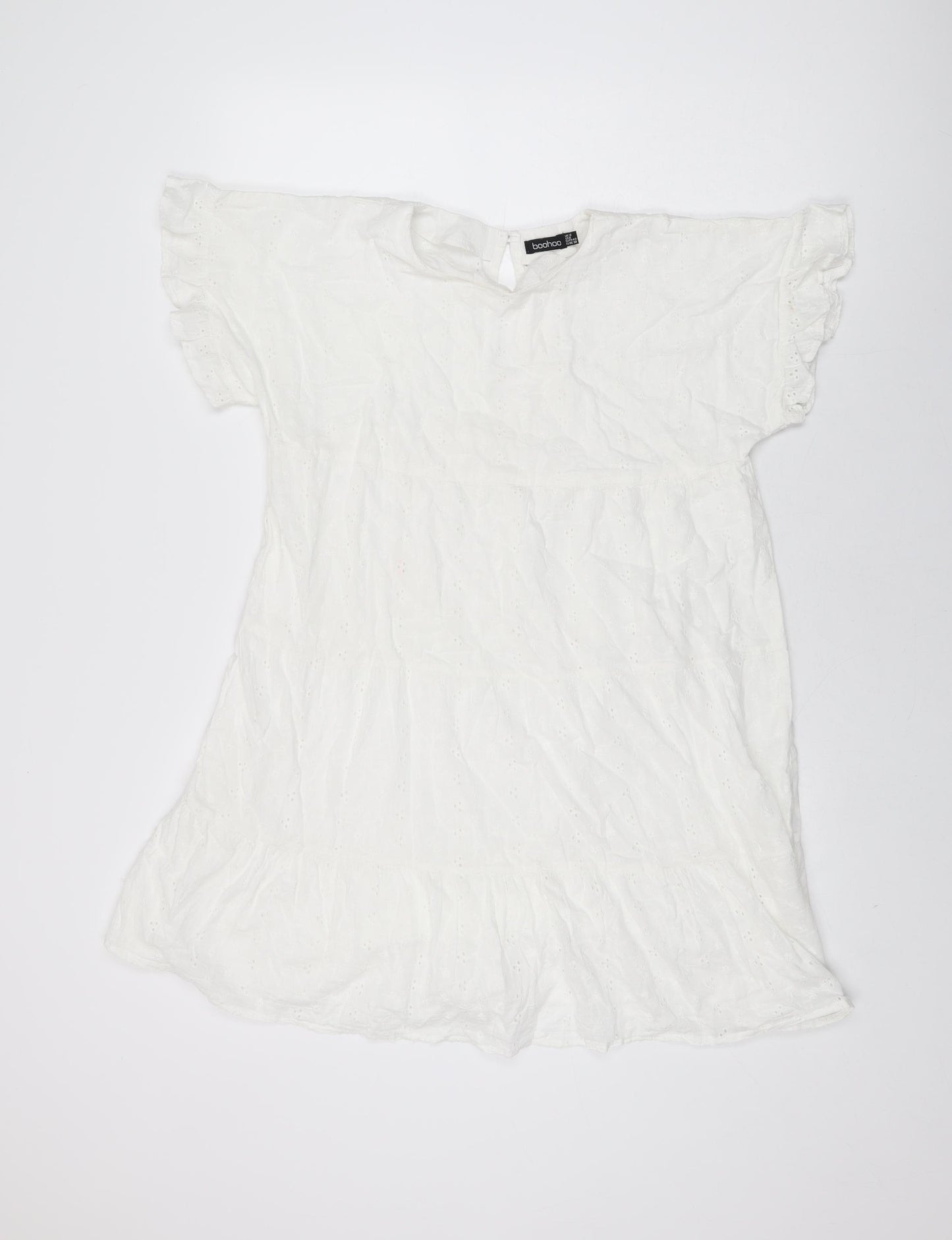 Boohoo Womens White Floral Cotton Shift Size 12 Round Neck Button