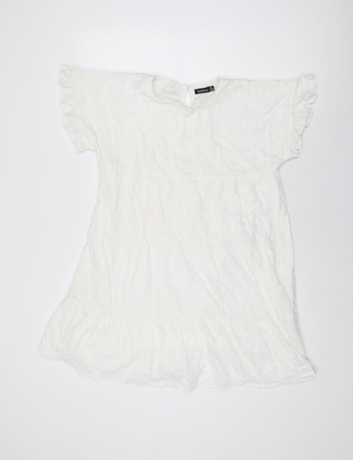 Boohoo Womens White Floral Cotton Shift Size 12 Round Neck Button
