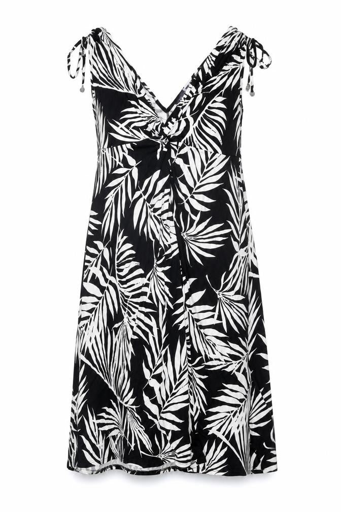 Front view of Marks & Spencer women’s black geometric viscose shift, size UK 12, v-neck pullover