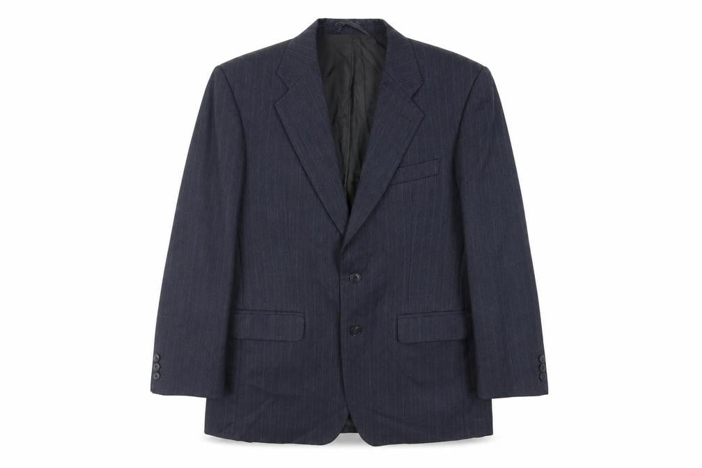 Front view of Label men’s blue striped polyester jacket suit jacket, size 40, regular