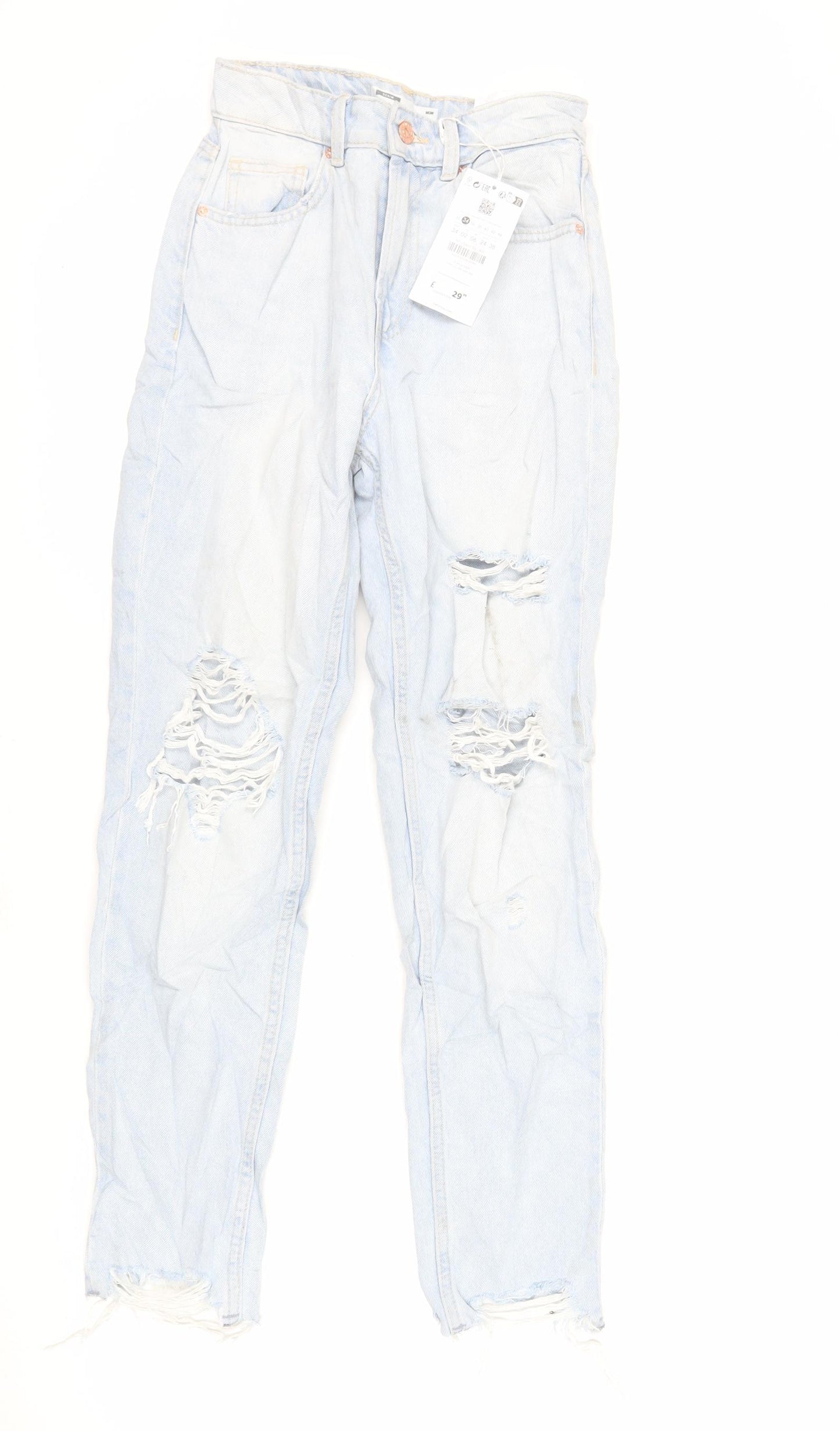 Bershka Womens Blue Cotton Mom Jeans Size 6 L28 in Regular Zip