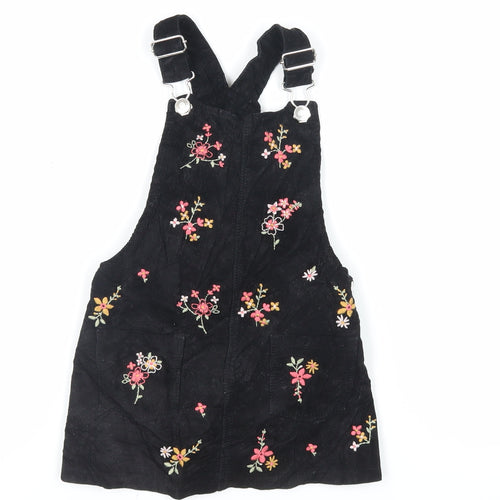 F&F Girls Black Floral Cotton Pinafore/Dungaree Dress Size 3-4 Years Square Neck Button - Embroidered