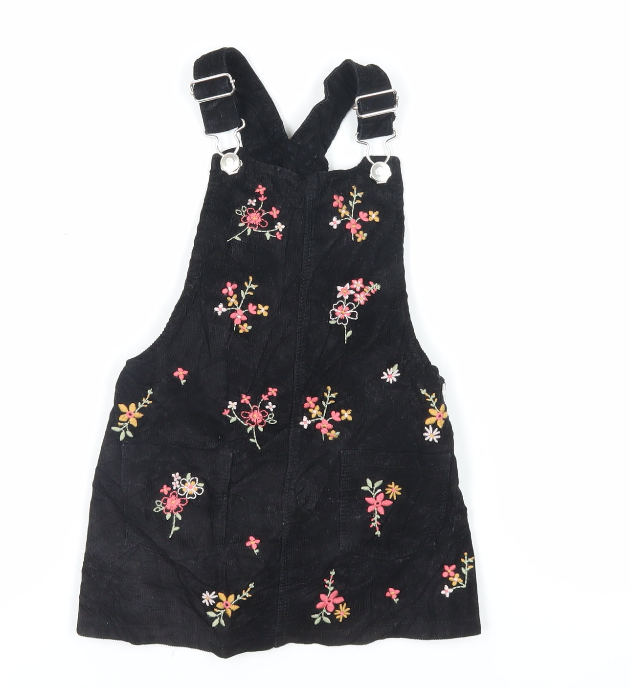 F&F Girls Black Floral Cotton Pinafore/Dungaree Dress Size 3-4 Years Square Neck Button - Embroidered